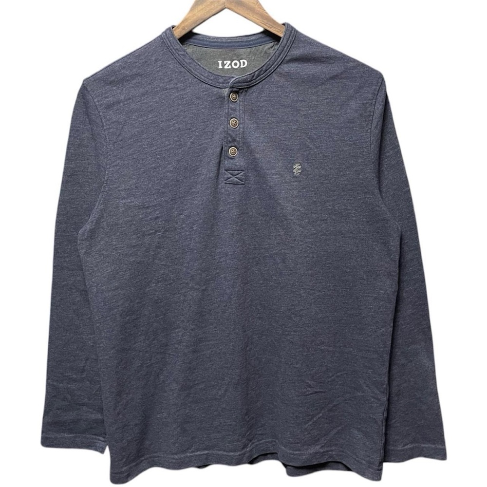 blank casual Izod Dark Blue long sleeve three button Henley shirt w/ small logo